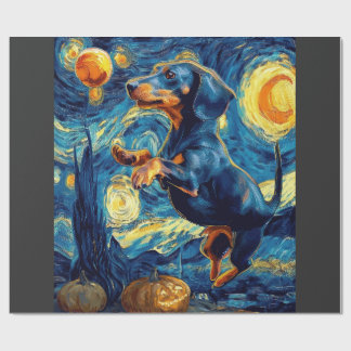 Papel De Presente Cachorro Dachshund Noturno Estrelado de Halloween