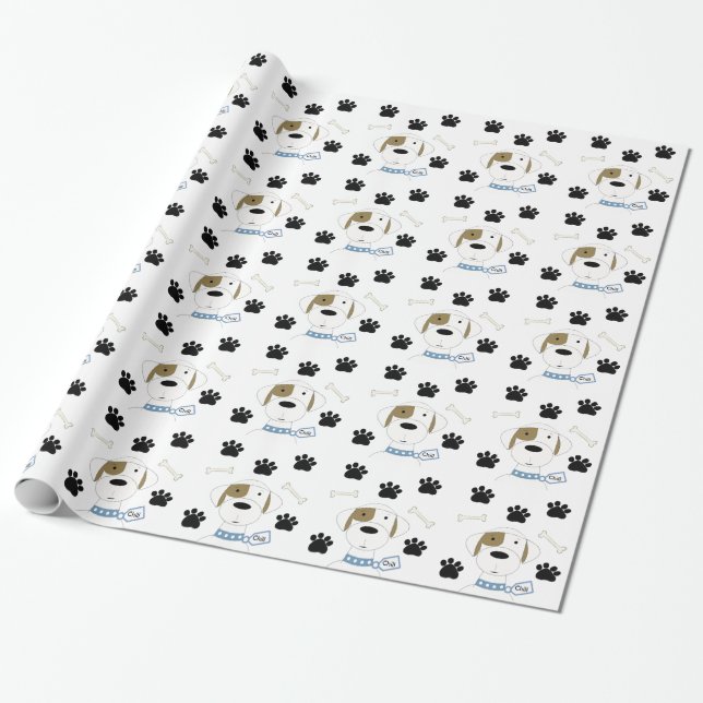 Papel De Presente Cachorro de Desenho Animado com Pegadas de Pata (Desenrolado)