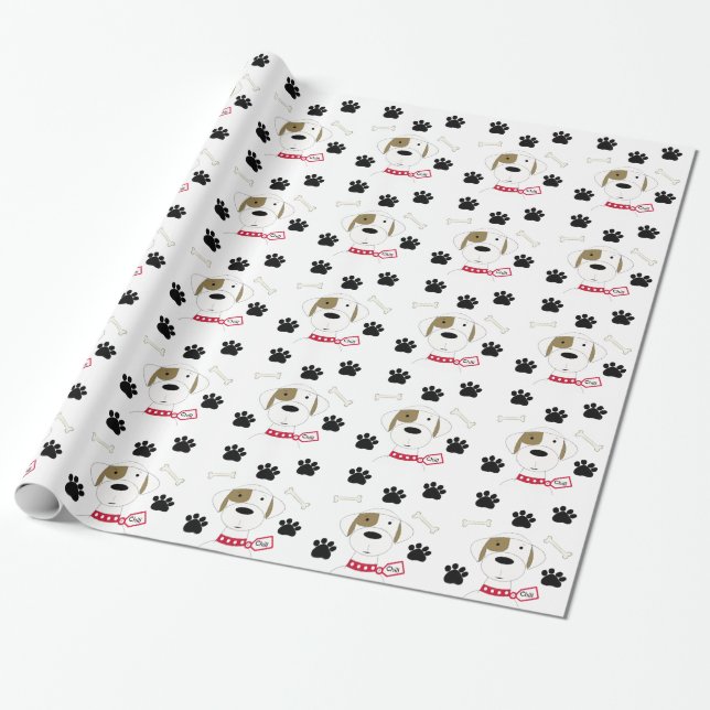 Papel De Presente Cachorro de Desenho Animado com Pegadas de Pata (Desenrolado)