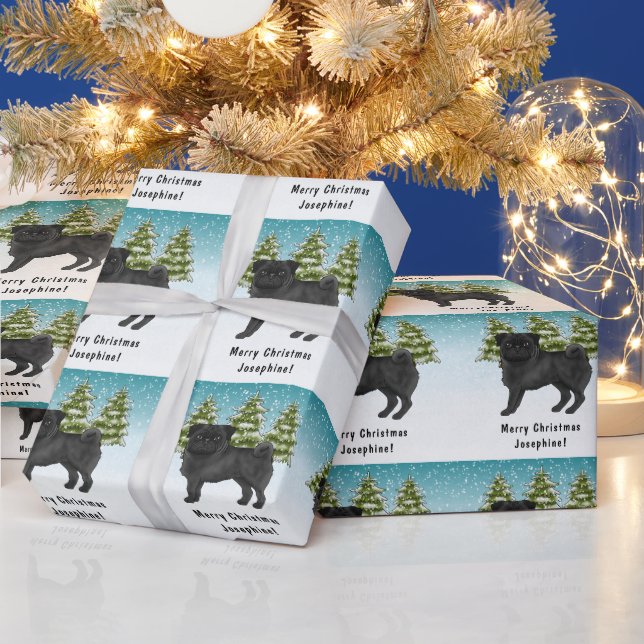 Papel De Presente Cachorro de Desenho Animado Fofo Pug Preto Florest (Feriados)