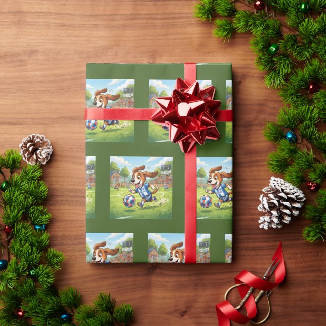 Papel De Presente Cachorro de Desenho Animado Jogando Futebol (Presente de Natal)