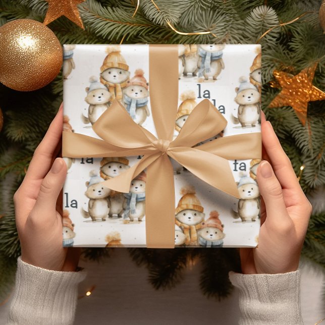 Papel De Presente Cachorro de inverno Cachorro Aquarela Crianças Nat (Criador carregado)