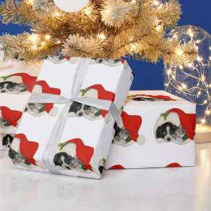 Papel De Presente Cachorro De Natal E Gato Num Chapéu De Papai Noel