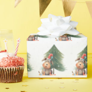 Papel De Presente Cachorro de Natal e Pinheiro em Flocos de Neve