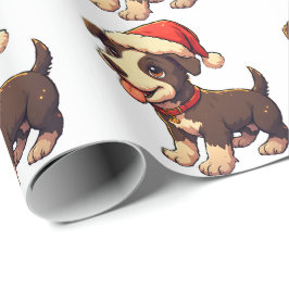 Papel De Presente Cachorro de Natal Fofo e Alegre com Chapéu de Papa