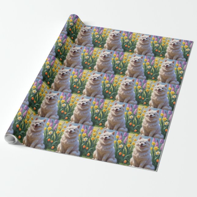 Papel De Presente Cachorro Esquimó Americano Pintura de Flores da Pr (Desenrolado)