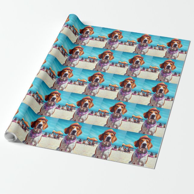 Papel De Presente Cachorro Foxhound Inglês Americano na Praia, prese (Desenrolado)
