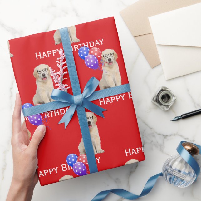 Papel De Presente Cachorro Golden Retriever de Aniversário com Balõe (Presentear)