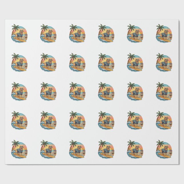 Papel De Presente Cachorro Golden Retriever Surfando Prancha de Surf (Aberto)