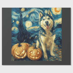 Papel De Presente Cachorro Husky Siberiano Fofo Abóbora de Halloween