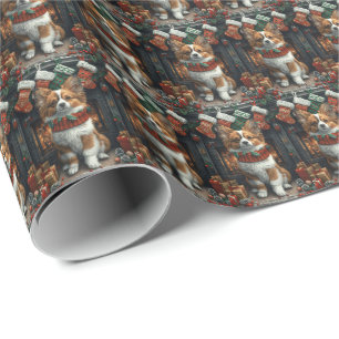 Papel De Presente Cachorro Papillon com Presentes de Natal Lareira