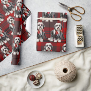 Papel De Presente Cachorro Pastor Fofo e Xadrez Vermelho Natal Diver