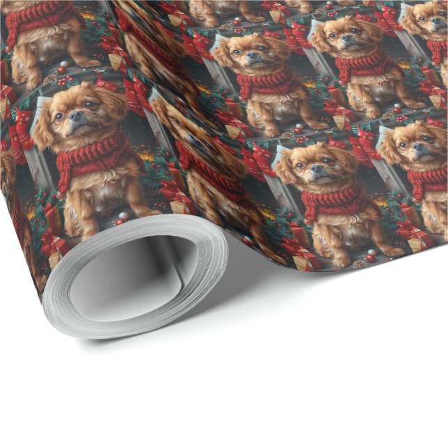 Papel De Presente Cachorro Pekingês com Lareira de presentes de Nata (Ponta do rolo)