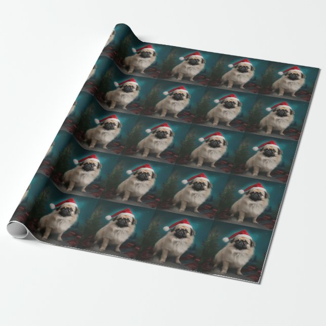 Papel De Presente Cachorro Pekingês no Natal da Neve (Desenrolado)