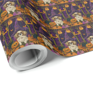 Papel De Presente Cachorro Pequinês Assustador Abobora E Bruxa De Ha