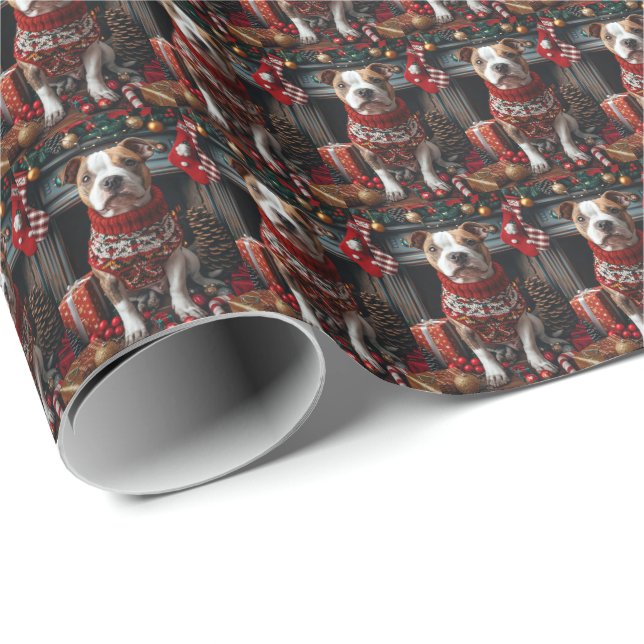Papel De Presente Cachorro Pitbull com Lareira de presentes de Natal (Ponta do rolo)