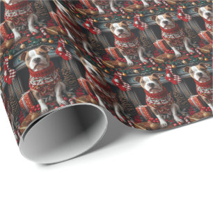 Papel De Presente Cachorro Pitbull Com Presentes De Natal Lareira