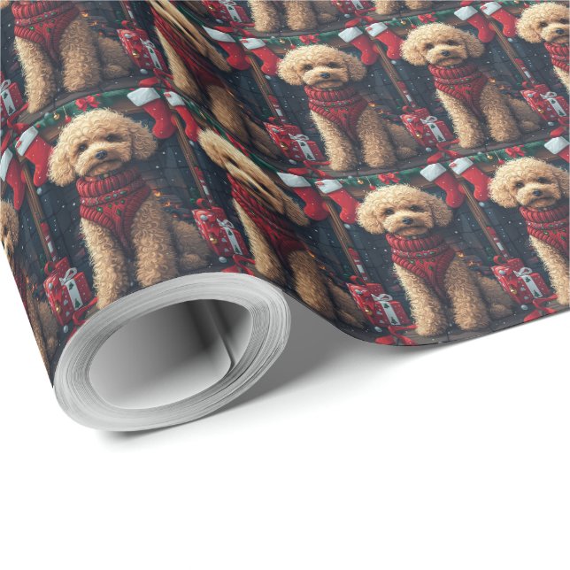 Papel De Presente Cachorro Poodle com Presentes de Natal Lareira (Ponta do rolo)