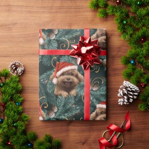 Papel De Presente Cachorro Poodle Fofo Chapéu de Papai Noel Galhos d