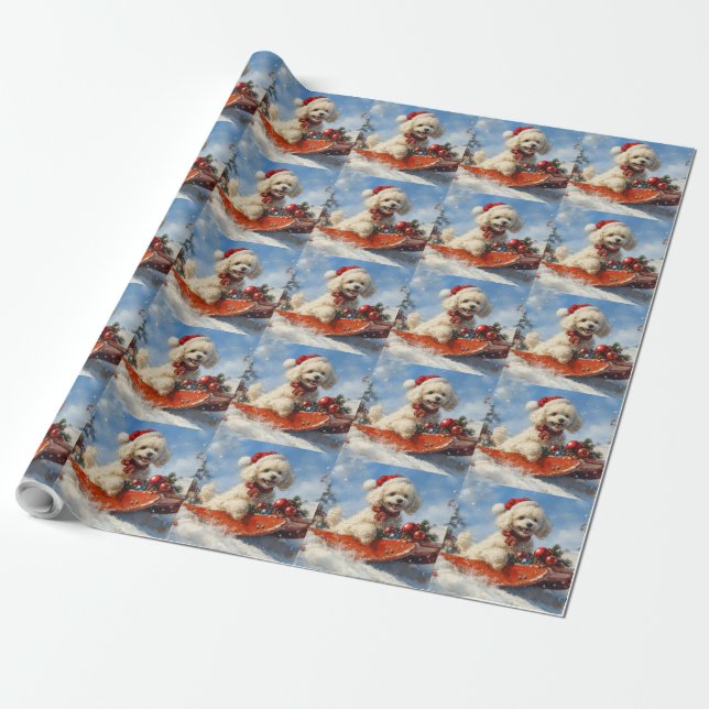 Papel De Presente Cachorro Poodle no Trenó Deixe Nevar Natal (Desenrolado)