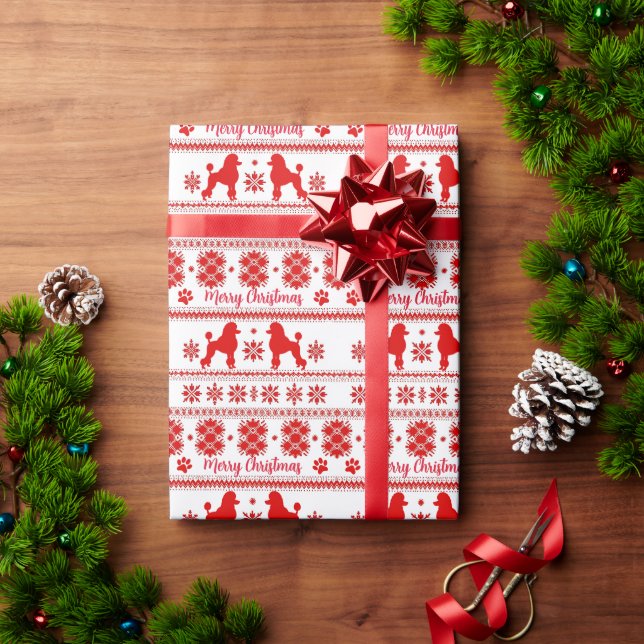 Papel De Presente Cachorro Poodle Nórdico Vermelho Natal (Presente de Natal)