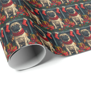 Papel De Presente Cachorro Pug com Presentes de Natal Lareira