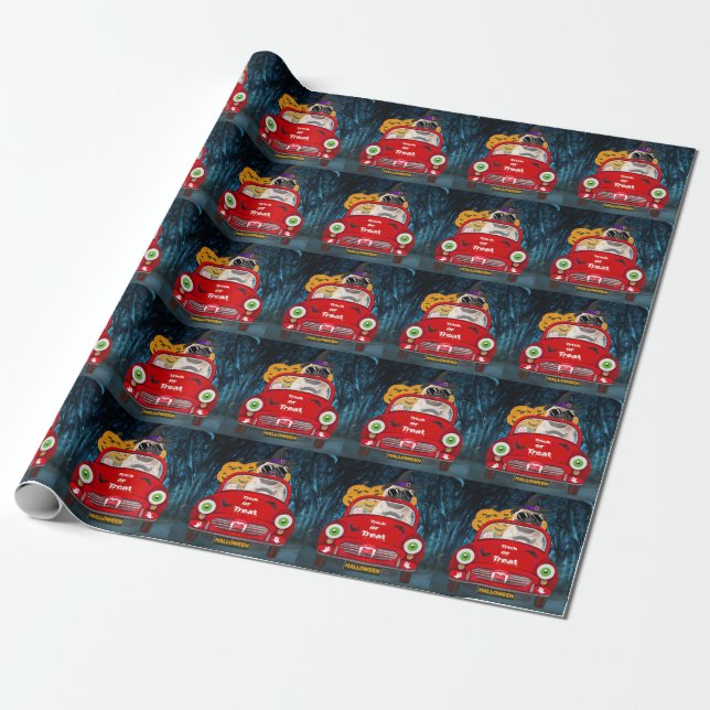 Papel De Presente Cachorro Pug Dirigindo Carro Halloween Assustador (Desenrolado)