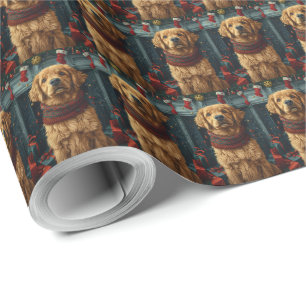 Papel De Presente Cachorro Retriever Dourado com Presente de Natal n