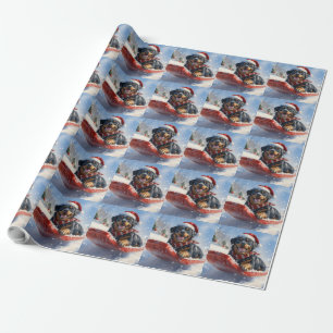 Papel De Presente Cachorro Rottweiler no Trenó Deixe Nevar Natal