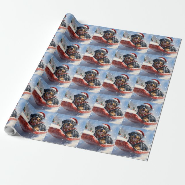 Papel De Presente Cachorro Rottweiler no Trenó Deixe Nevar Natal (Desenrolado)
