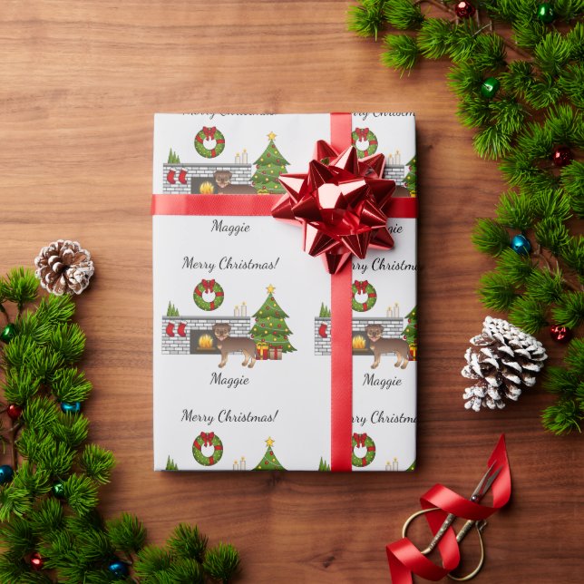 Papel De Presente Cachorro Rottweiler Vermelho e Bege em uma Sala de (Presente de Natal)