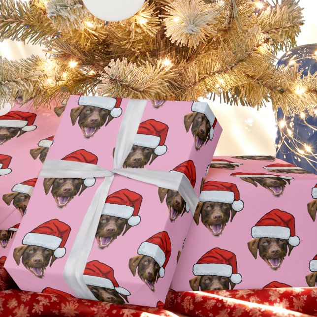 Papel De Presente Cachorro Santa Hat | Foto do rosto personalizado c (Criador carregado)