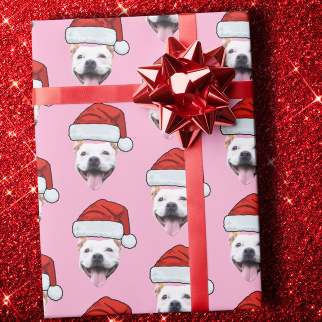 Papel De Presente Cachorro Santa Hat | Foto do rosto personalizado c (Criador carregado)