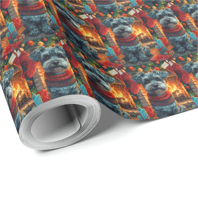 Papel De Presente Cachorro Schnauzer Com Presentes De Natal Lareira (Ponta do rolo)