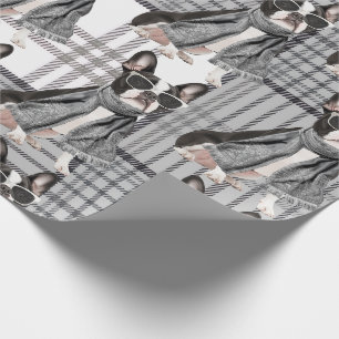 Papel De Presente Cachorro Stylish Boston Terrier e Monograma Xadrez