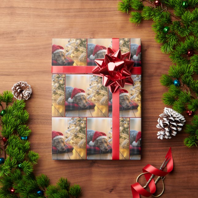 Papel De Presente Cachorro Weimaraner de Natal ao Pé de uma Árvore (Presente de Natal)