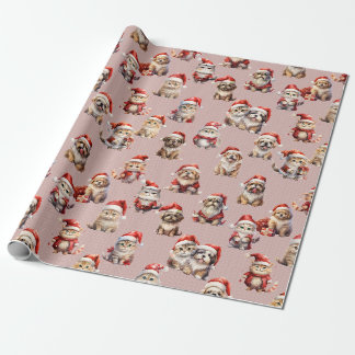 Papel De Presente Cachorros e Gatinhos em seus Chapéus Santa