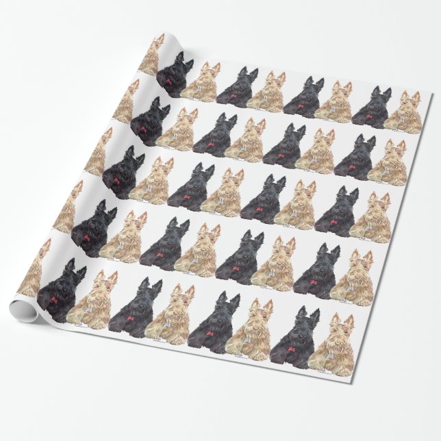 Papel De Presente Cachorros escoceses de rodas e negros (Desenrolado)