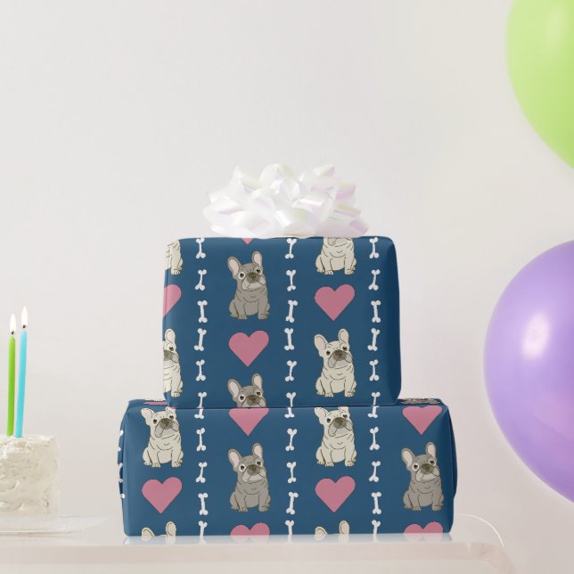 Papel De Presente Cachorros fofos, Frenchie, corações e ossos (Presentes para festas)