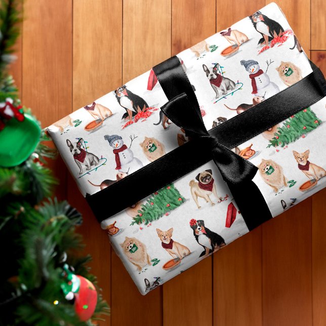 Papel De Presente Cachorros Malditos de Natal, Cachorros Marinhos (Woofy Christmas Cute Watercolor Naughty Dogs Wrapping Paper)