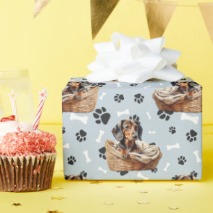 Papel De Presente Cachshund Puppy em Pata de Cesta