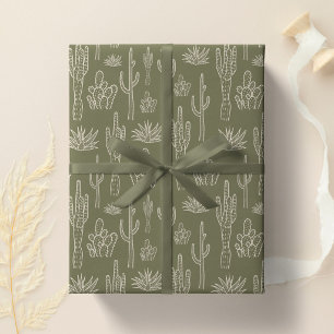 Papel De Presente Cacto Boho Ocidental Sul Neutro Verde Musgo