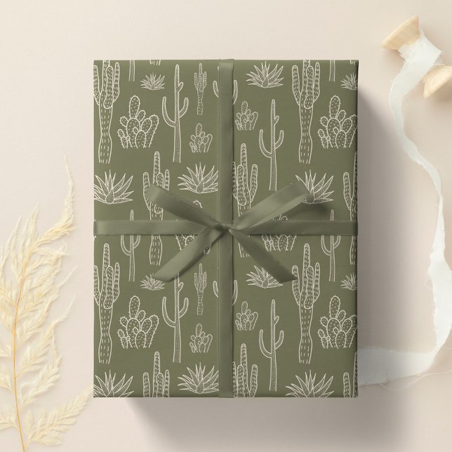 Papel De Presente Cacto Boho Ocidental Sul Neutro Verde Musgo (Criador carregado)