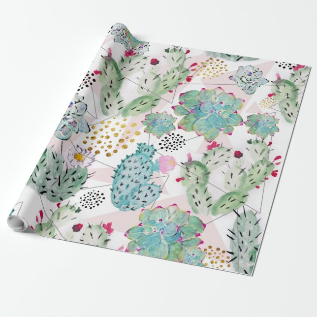 Papel De Presente cacto de aquarela e triângulos (Desenrolado)