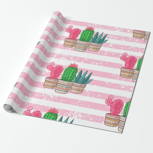 Papel De Presente cacto desenhado à mão com fundo de faixas (Desenrolado)