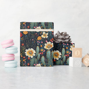 Papel De Presente Cacto Florido Bordado em Preto