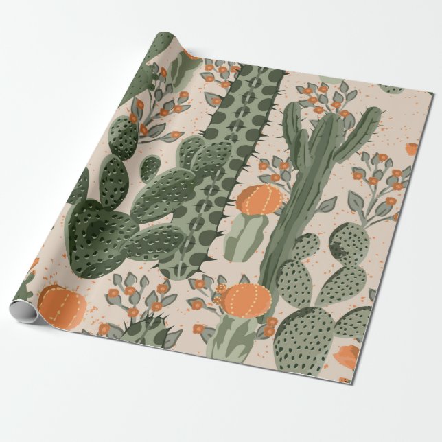 Papel De Presente Cacto suculento verde-safra e flores de laranja  (Desenrolado)