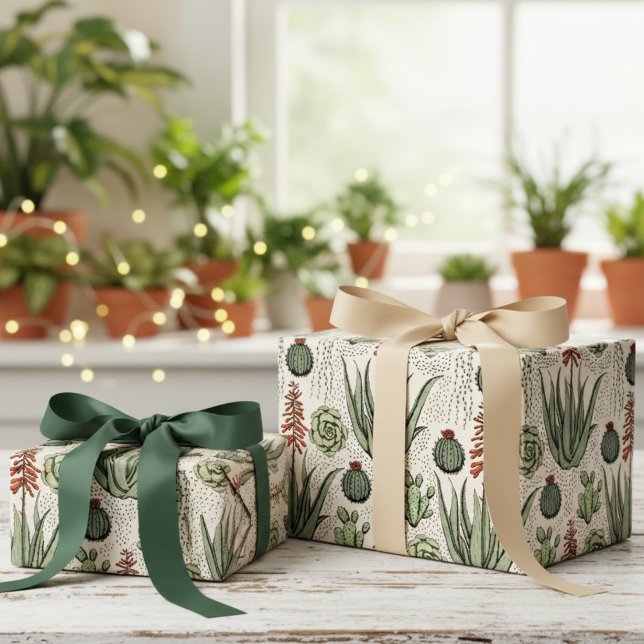 Papel De Presente Cactos e Sucultivos do Deserto do Marfim Ocidental (Colorful Aloe Vera Plant & Green Succulents Wrapping Paper. Floral Nature Green Cacti Desert Pattern)