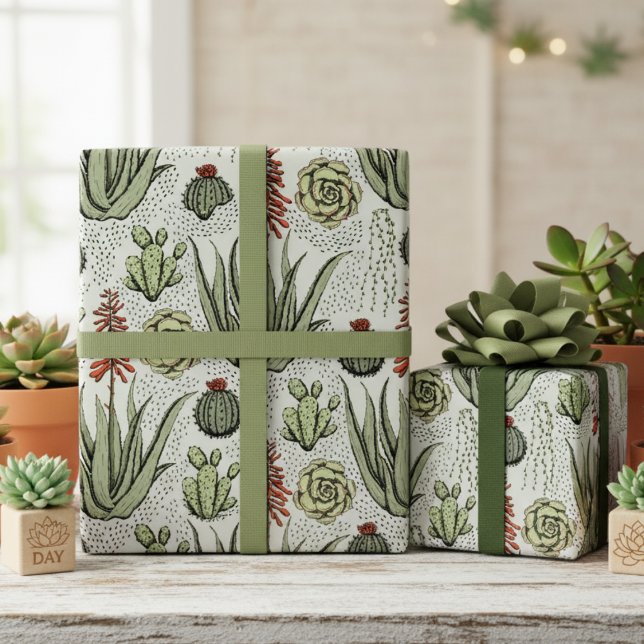 Papel De Presente Cactos e Sucultivos do Deserto Verde Ocidental (Elegant Sage Green Succulent & Greenery Birthday Wrapping Paper 4 Plant Lover. Desert Cacti Pattern)