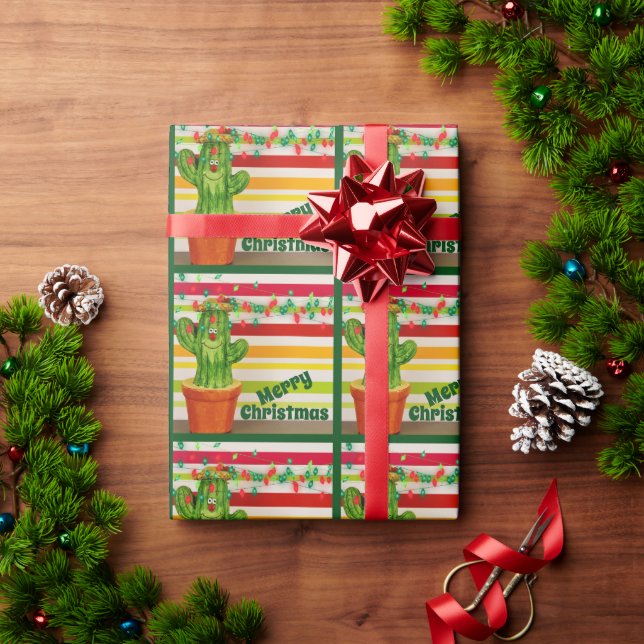 Papel De Presente Cactus bonitos e Luzes Festivas Feliz Natal (Presente de Natal)